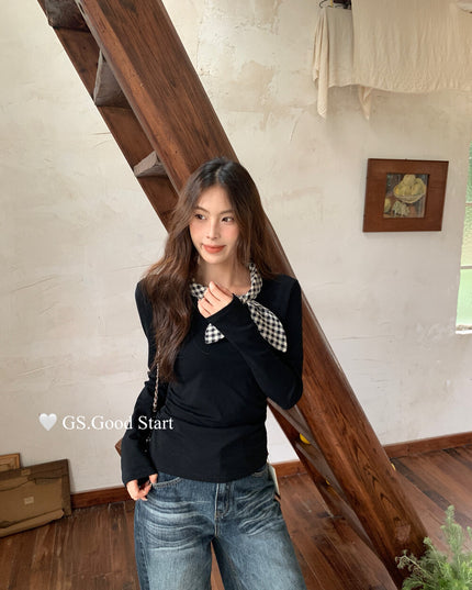 GS.GOOD START Sweet Plaid Bow Casual Top
