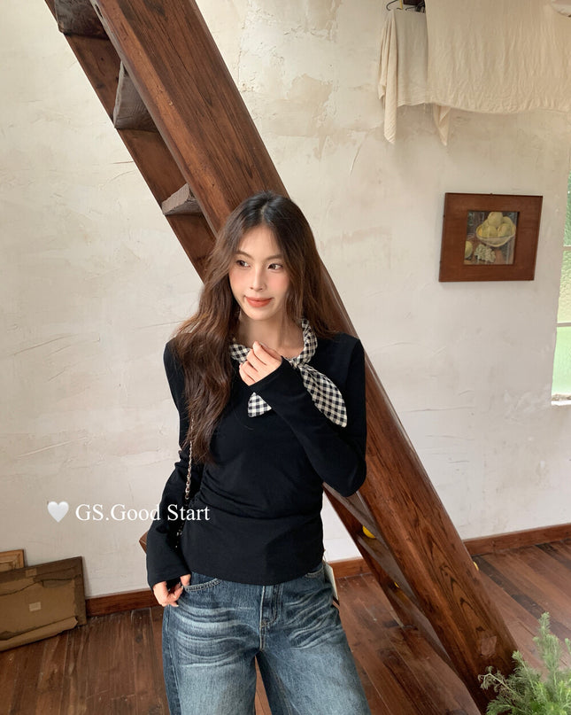 GS.GOOD START Sweet Plaid Bow Casual Top