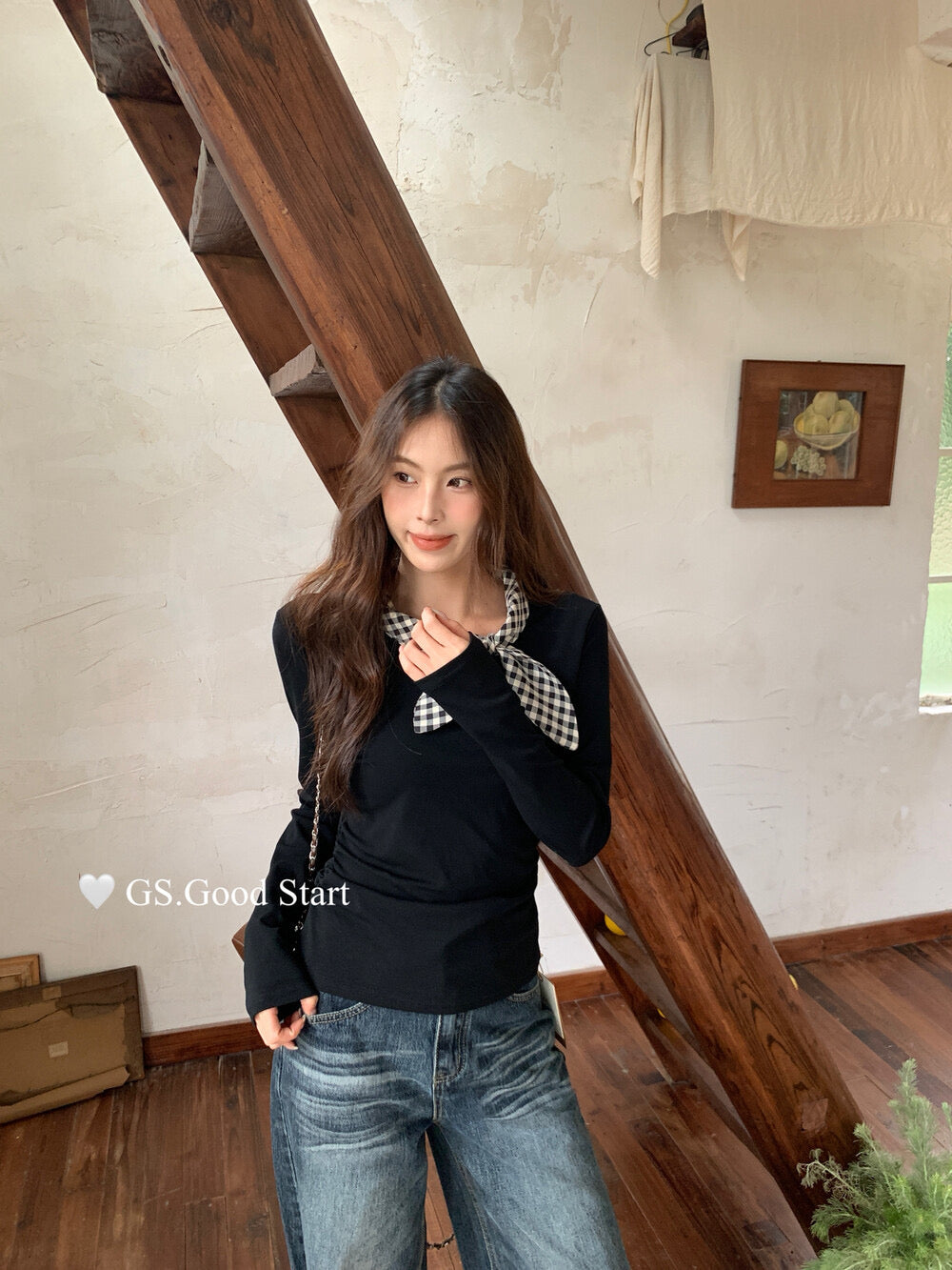GS.GOOD START Sweet Plaid Bow Casual Top
