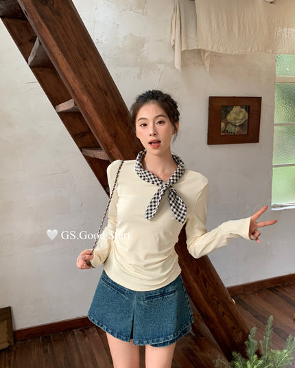 GS.GOOD START Sweet Plaid Bow Casual Top