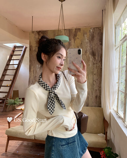GS.GOOD START Sweet Plaid Bow Casual Top