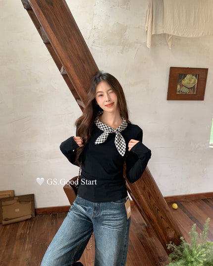 GS.GOOD START Sweet Plaid Bow Casual Top