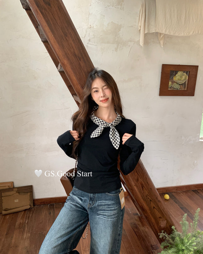 GS.GOOD START Sweet Plaid Bow Casual Top