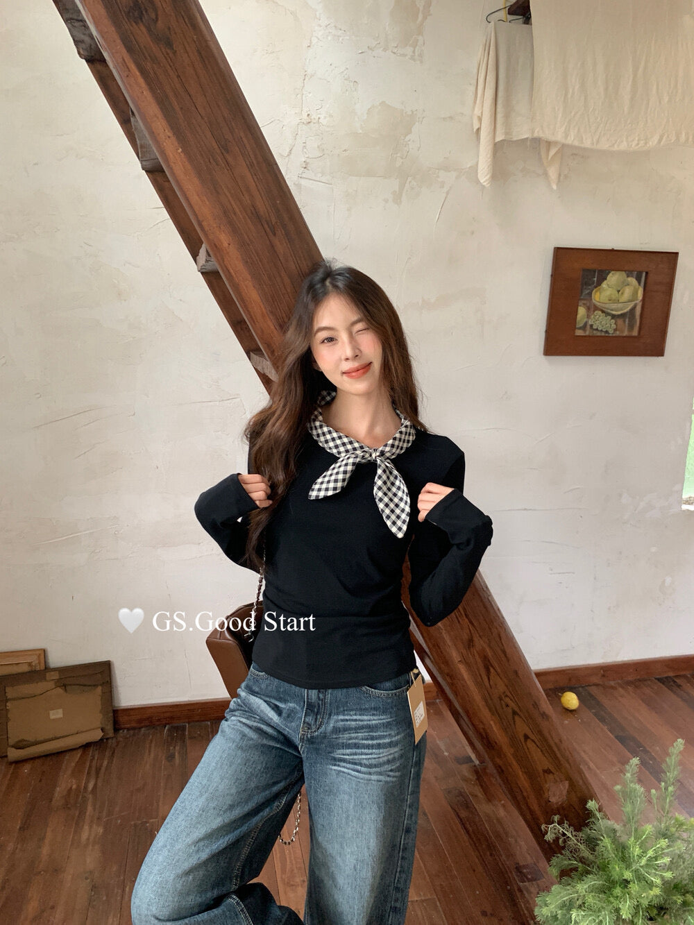 GS.GOOD START Sweet Plaid Bow Casual Top