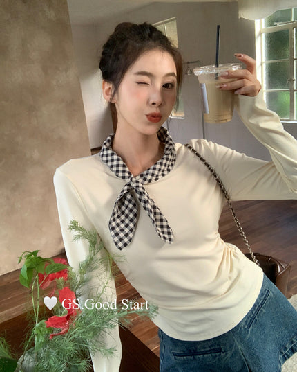 GS.GOOD START Sweet Plaid Bow Casual Top