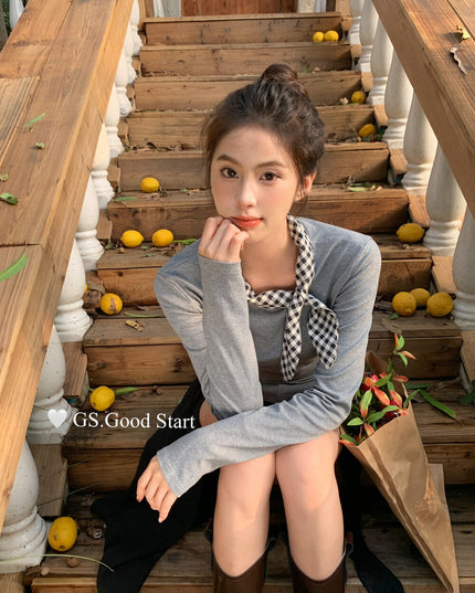 GS.GOOD START Sweet Plaid Bow Casual Top