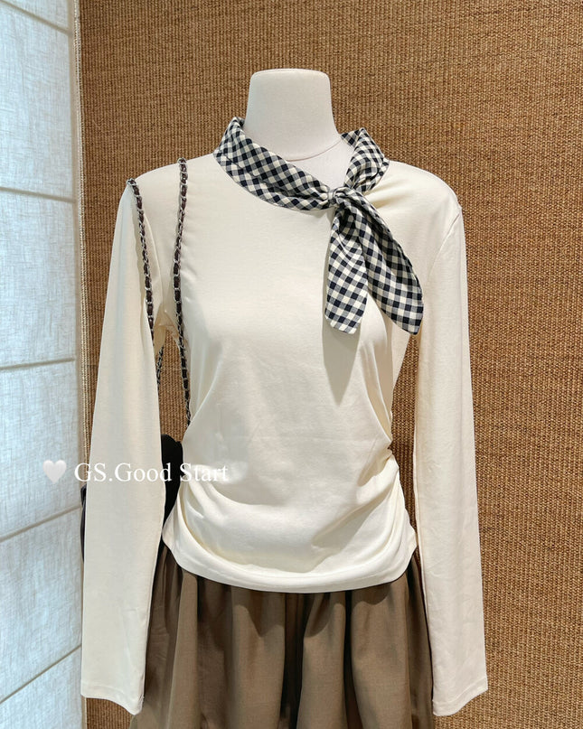 GS.GOOD START Sweet Plaid Bow Casual Top