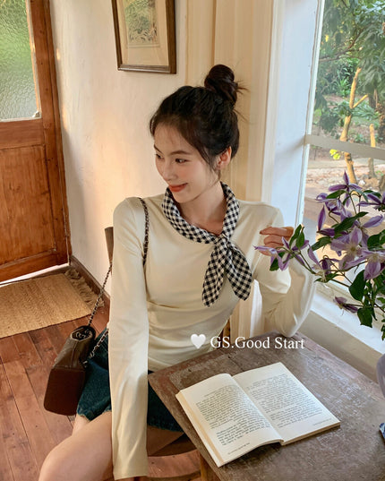 GS.GOOD START Sweet Plaid Bow Casual Top