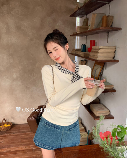 GS.GOOD START Sweet Plaid Bow Casual Top