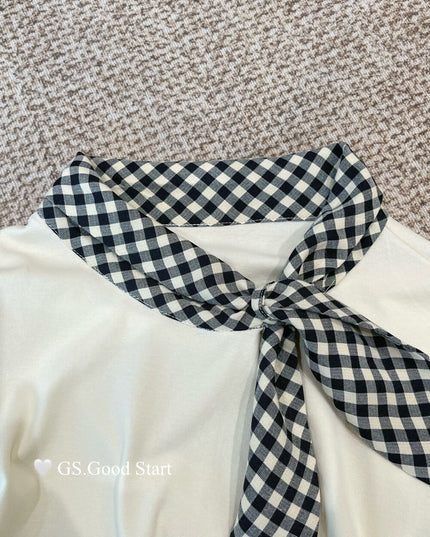 GS.GOOD START Sweet Plaid Bow Casual Top