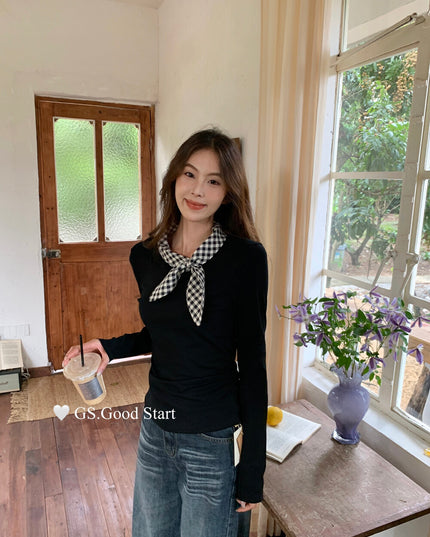 GS.GOOD START Sweet Plaid Bow Casual Top