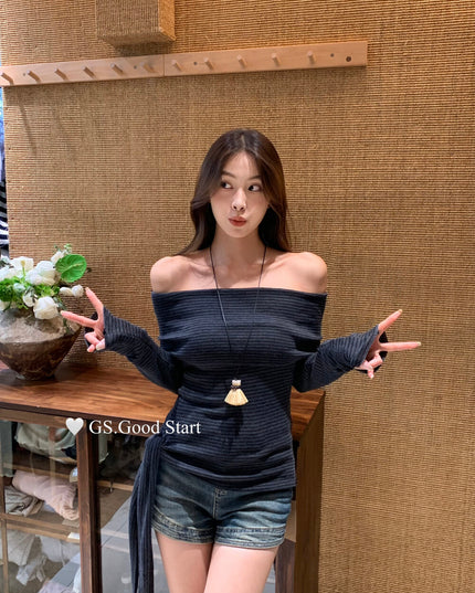 GS.GOOD START Off-Shoulder Tie-Up Knit Top