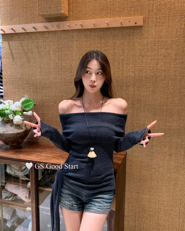 GS.GOOD START Off-Shoulder Tie-Up Knit Top