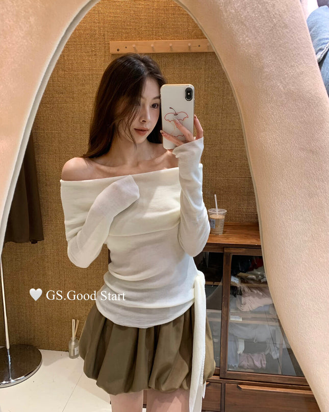 GS.GOOD START Off-Shoulder Tie-Up Knit Top
