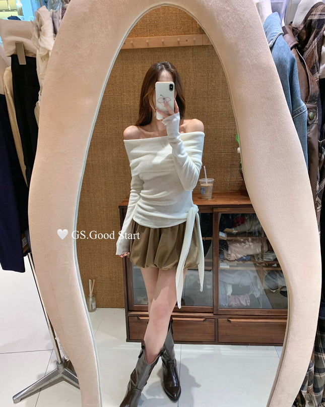 GS.GOOD START Off-Shoulder Tie-Up Knit Top