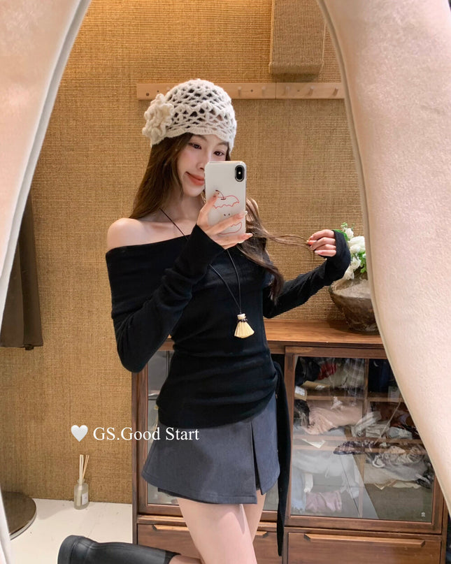 GS.GOOD START Off-Shoulder Tie-Up Knit Top