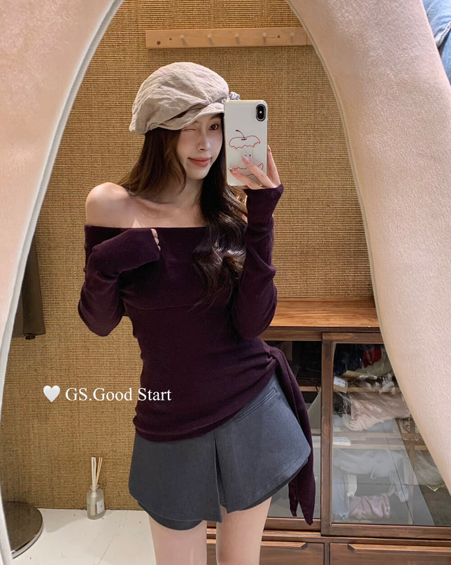 GS.GOOD START Off-Shoulder Tie-Up Knit Top