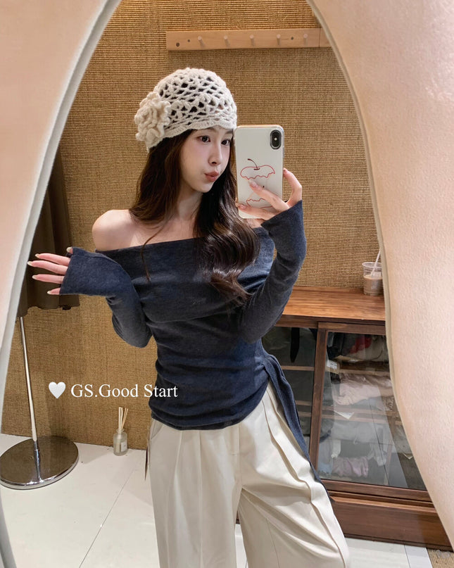 GS.GOOD START Off-Shoulder Tie-Up Knit Top