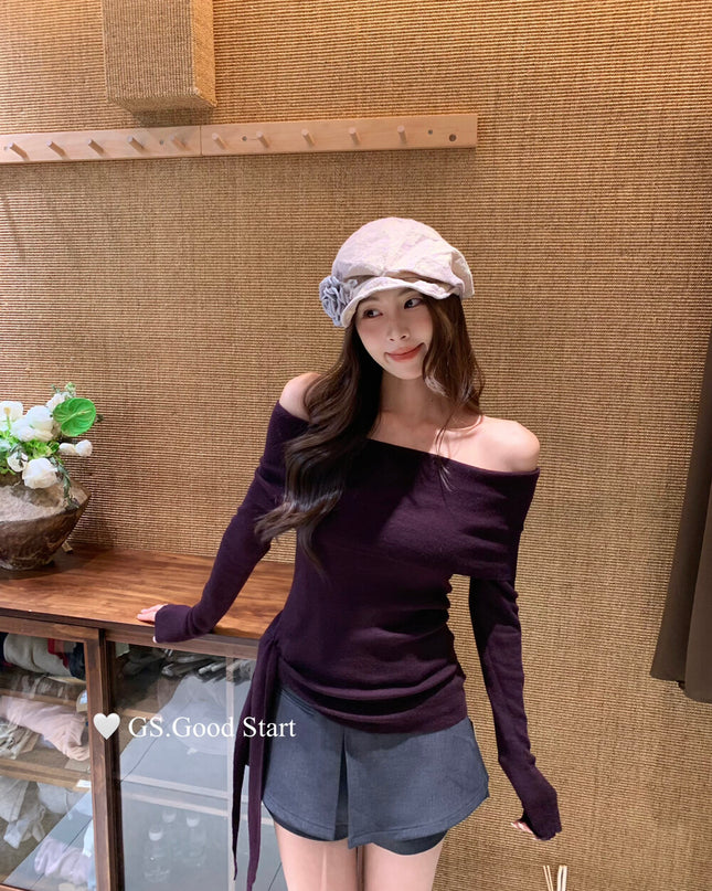 GS.GOOD START Off-Shoulder Tie-Up Knit Top