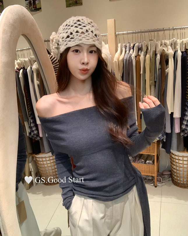 GS.GOOD START Off-Shoulder Tie-Up Knit Top