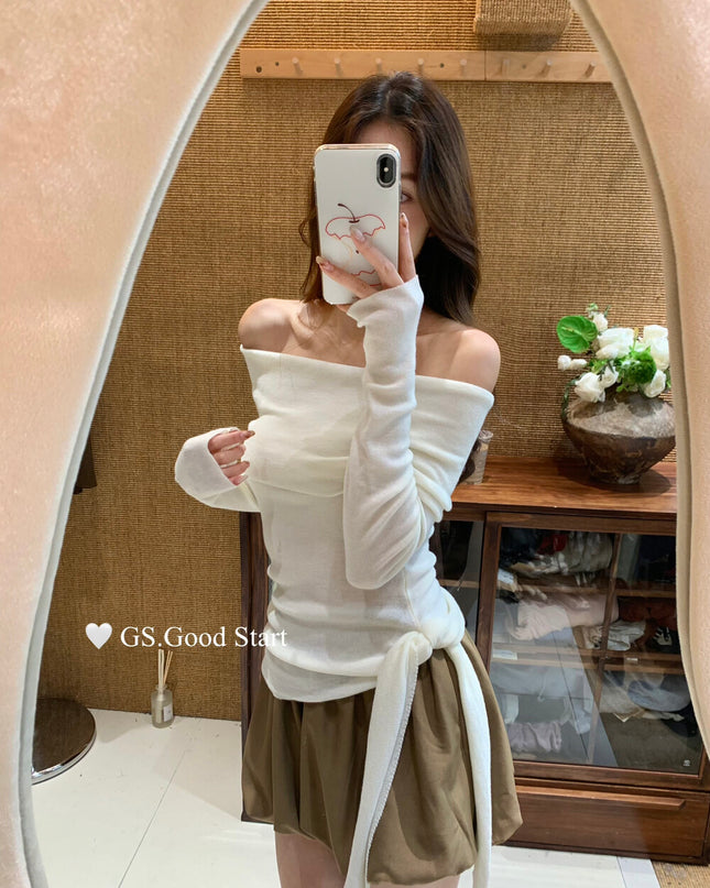 GS.GOOD START Off-Shoulder Tie-Up Knit Top