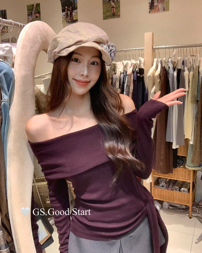 GS.GOOD START Off-Shoulder Tie-Up Knit Top