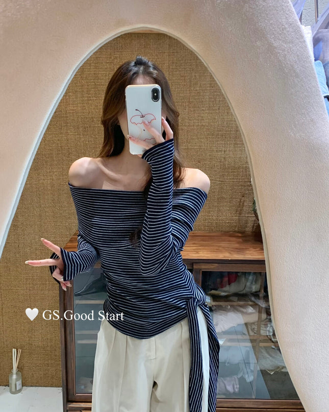 GS.GOOD START Off-Shoulder Tie-Up Knit Top