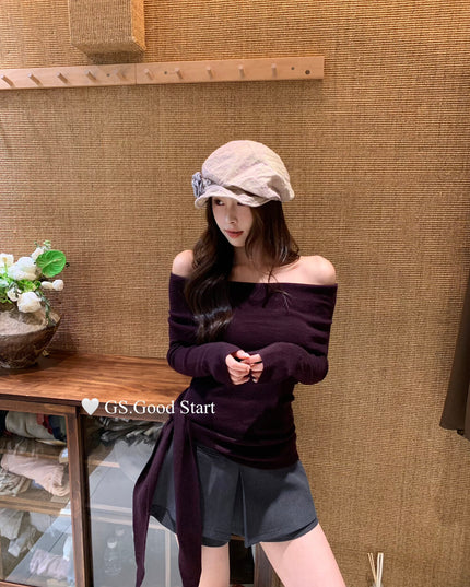 GS.GOOD START Off-Shoulder Tie-Up Knit Top