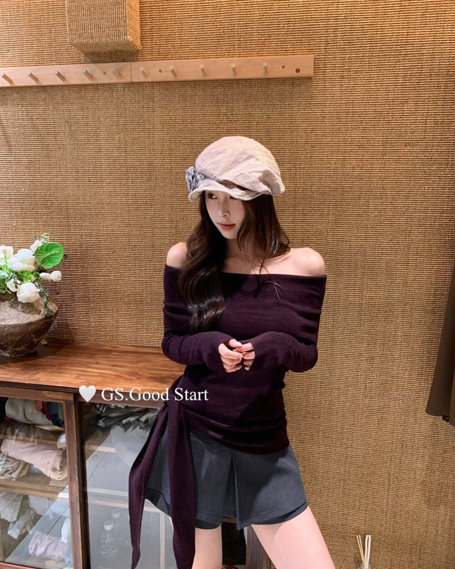 GS.GOOD START Off-Shoulder Tie-Up Knit Top