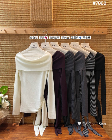 GS.GOOD START Off-Shoulder Tie-Up Knit Top