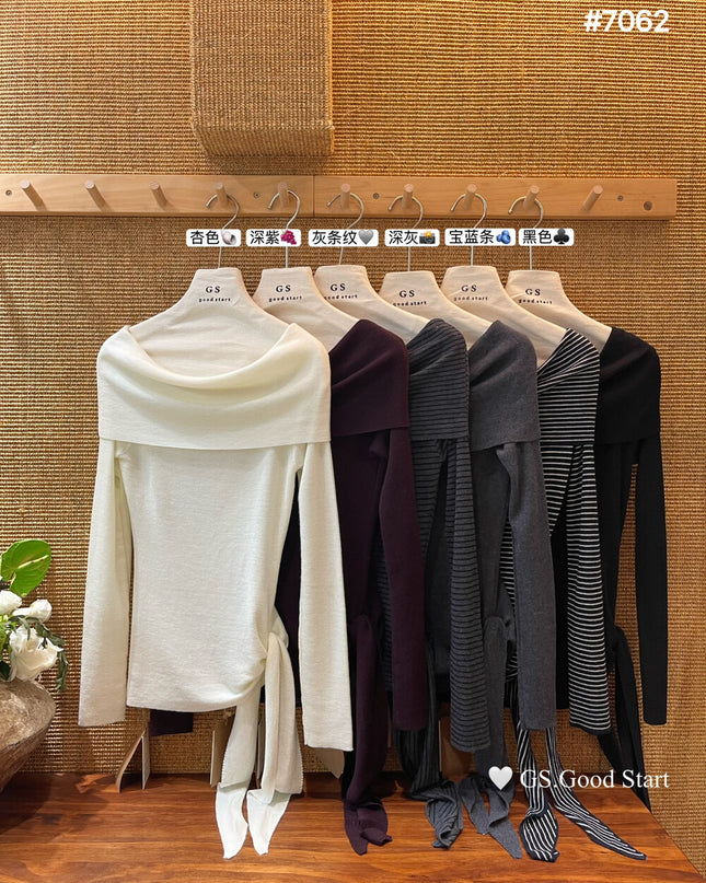 GS.GOOD START Off-Shoulder Tie-Up Knit Top