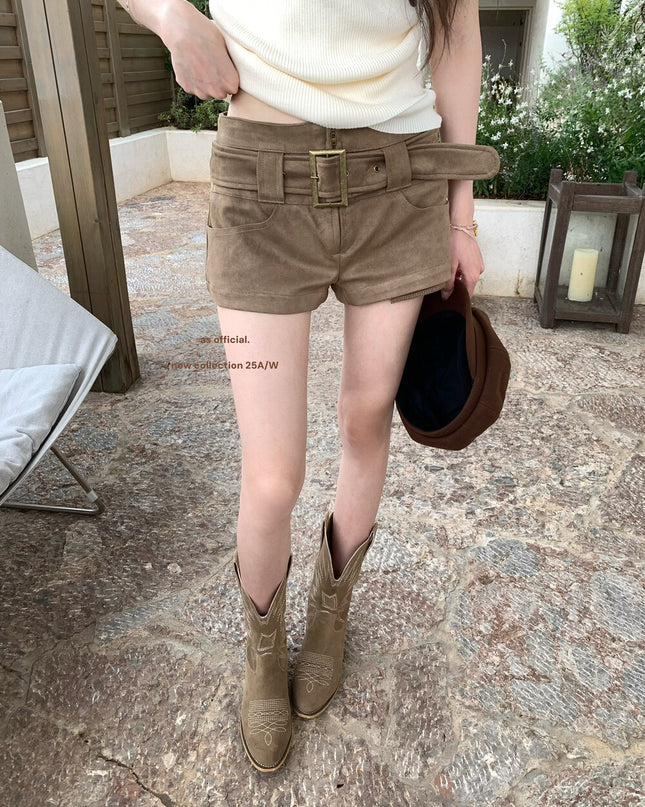 AS OFFICIAL Belgium Muse Suede Matte High-Waist Belted Shorts