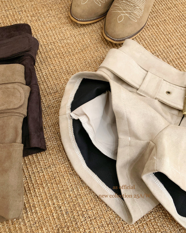 AS OFFICIAL Belgium Muse Suede Matte High-Waist Belted Shorts
