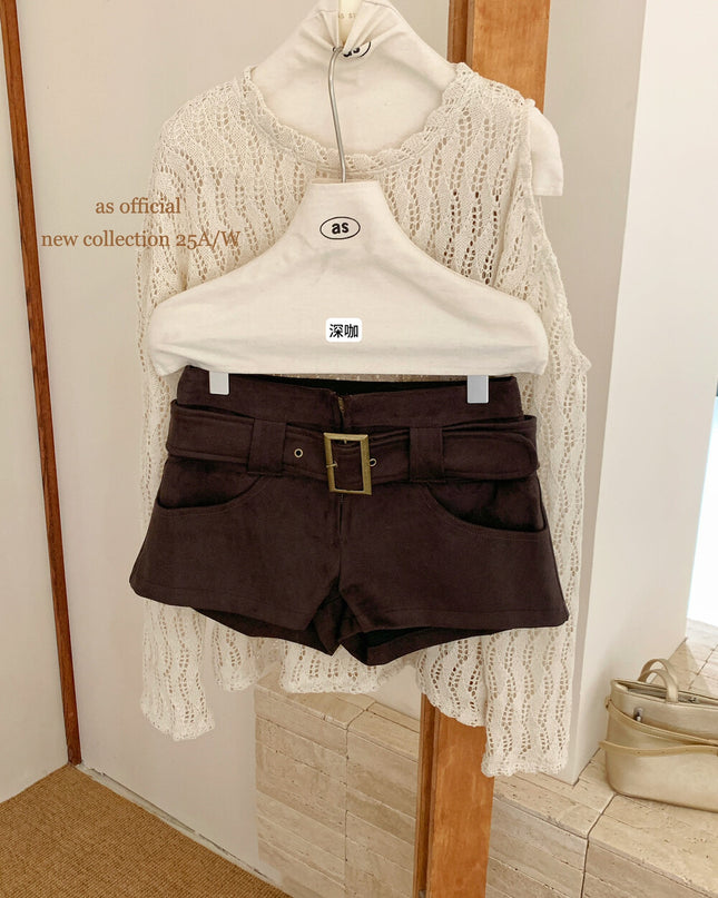 AS OFFICIAL Belgium Muse Suede Matte High-Waist Belted Shorts