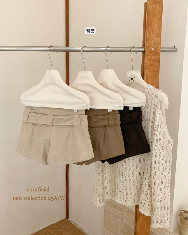 AS OFFICIAL Belgium Muse Suede Matte High-Waist Belted Shorts