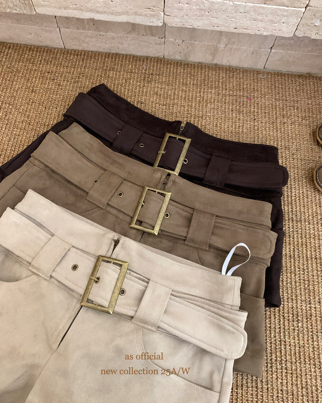 AS OFFICIAL Belgium Muse Suede Matte High-Waist Belted Shorts