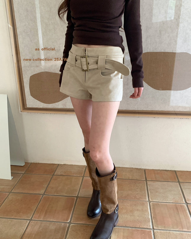 AS OFFICIAL Belgium Muse Suede Matte High-Waist Belted Shorts