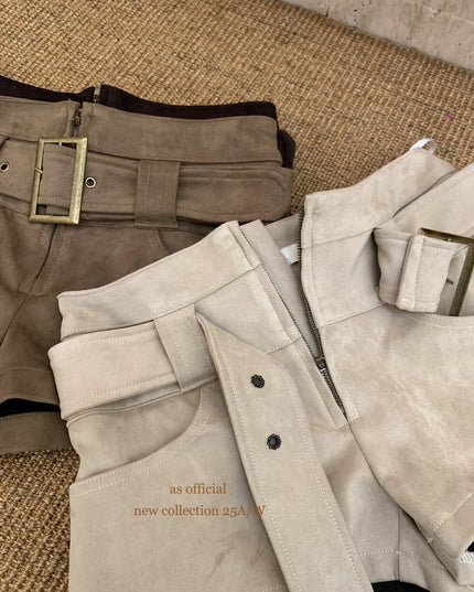 AS OFFICIAL Belgium Muse Suede Matte High-Waist Belted Shorts