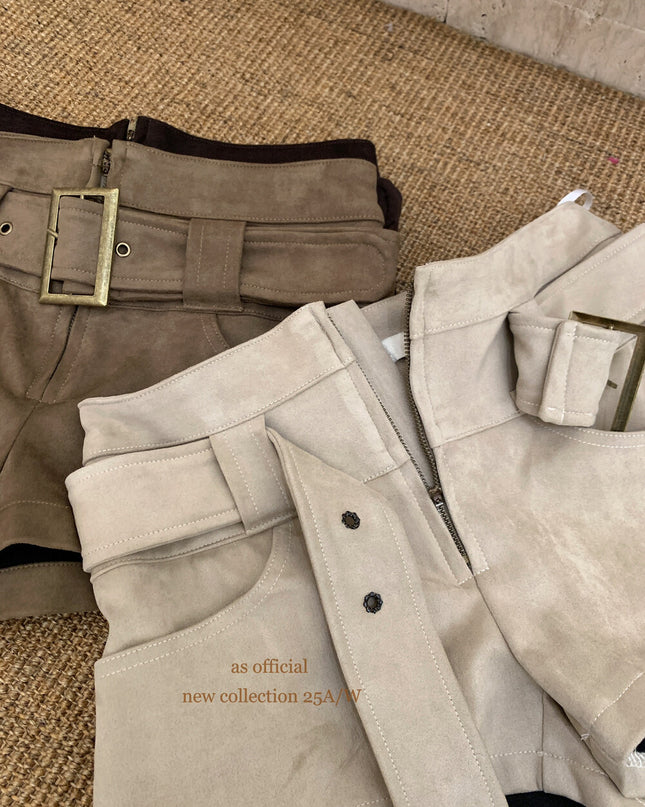 AS OFFICIAL Belgium Muse Suede Matte High-Waist Belted Shorts