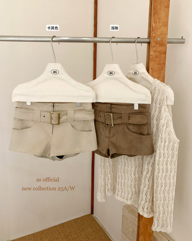 AS OFFICIAL Belgium Muse Suede Matte High-Waist Belted Shorts