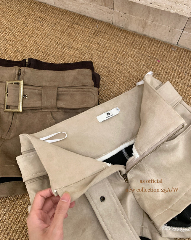 AS OFFICIAL Belgium Muse Suede Matte High-Waist Belted Shorts