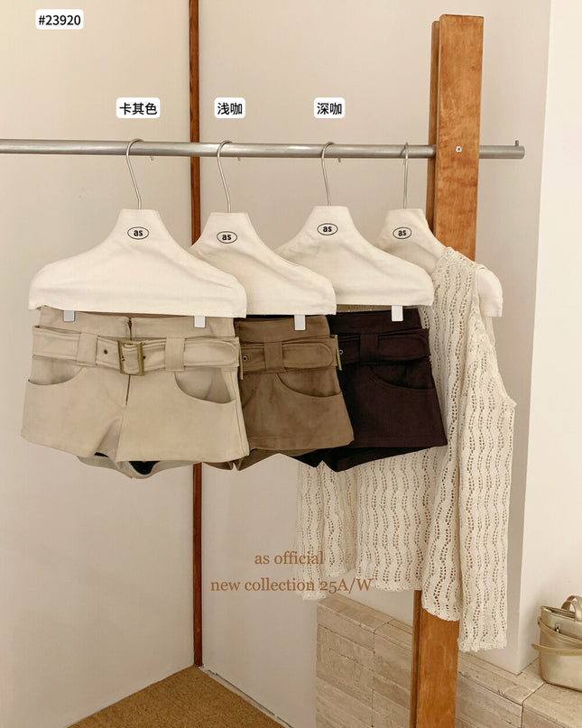 AS OFFICIAL Belgium Muse Suede Matte High-Waist Belted Shorts