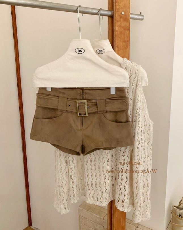 AS OFFICIAL Belgium Muse Suede Matte High-Waist Belted Shorts