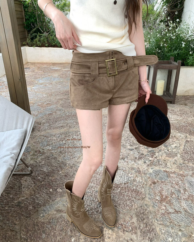 AS OFFICIAL Belgium Muse Suede Matte High-Waist Belted Shorts