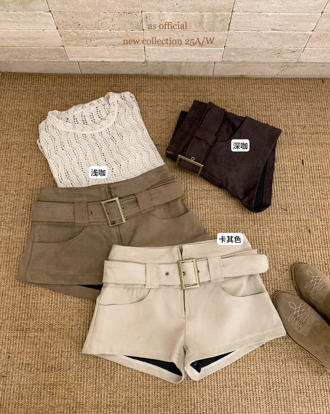 AS OFFICIAL Belgium Muse Suede Matte High-Waist Belted Shorts