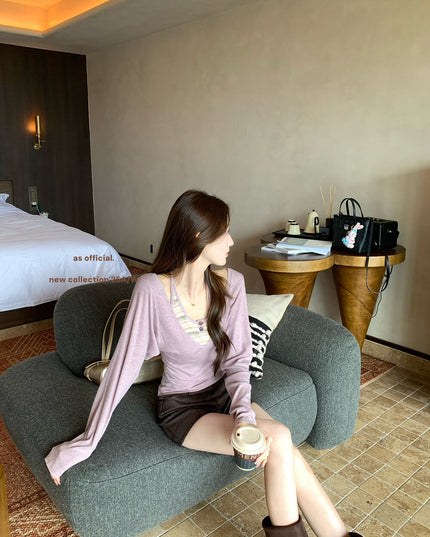 AS OFFICIAL Striped Halter Faux-Two-Piece Top