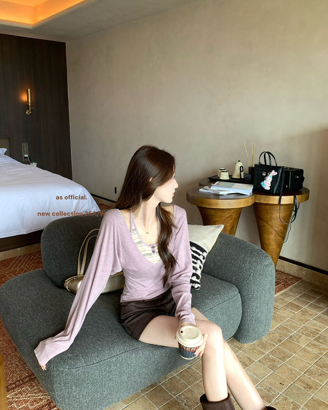 AS OFFICIAL Striped Halter Faux-Two-Piece Top
