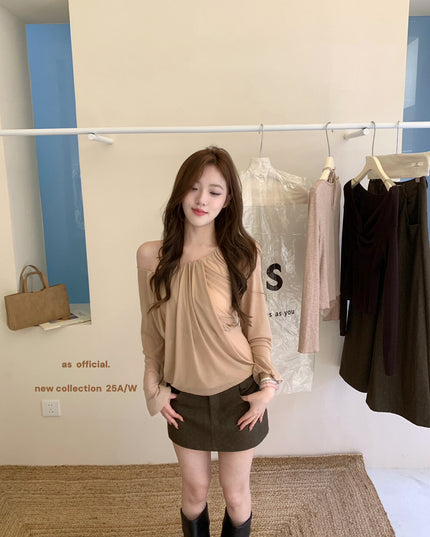 AS OFFICIAL Peach Trap Mesh One-Shoulder Ruched Top