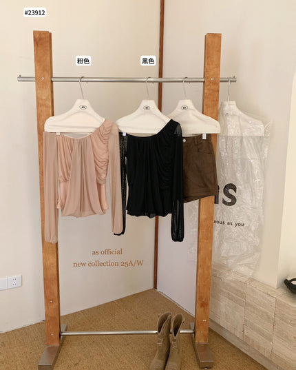 AS OFFICIAL Peach Trap Mesh One-Shoulder Ruched Top