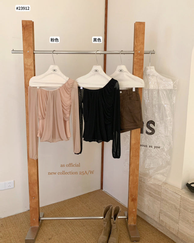 AS OFFICIAL Peach Trap Mesh One-Shoulder Ruched Top